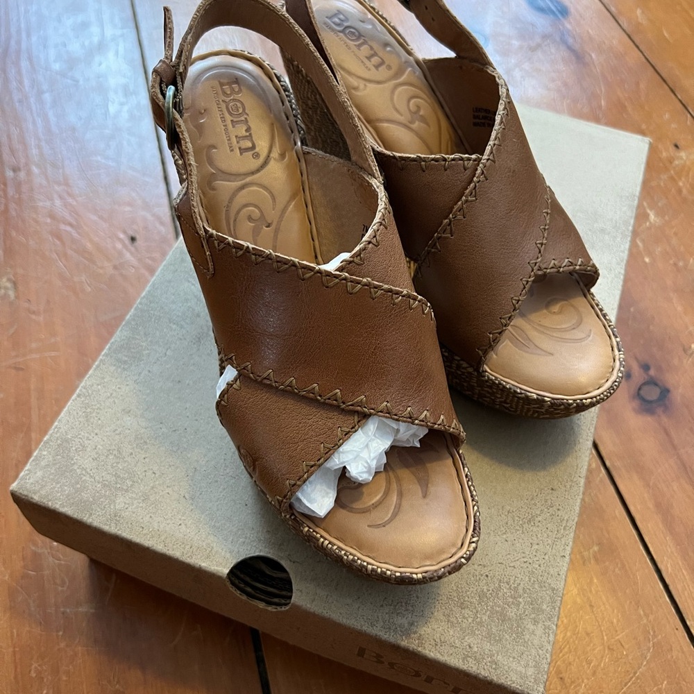 Born Tan Leather Emmy Wedge Sandals